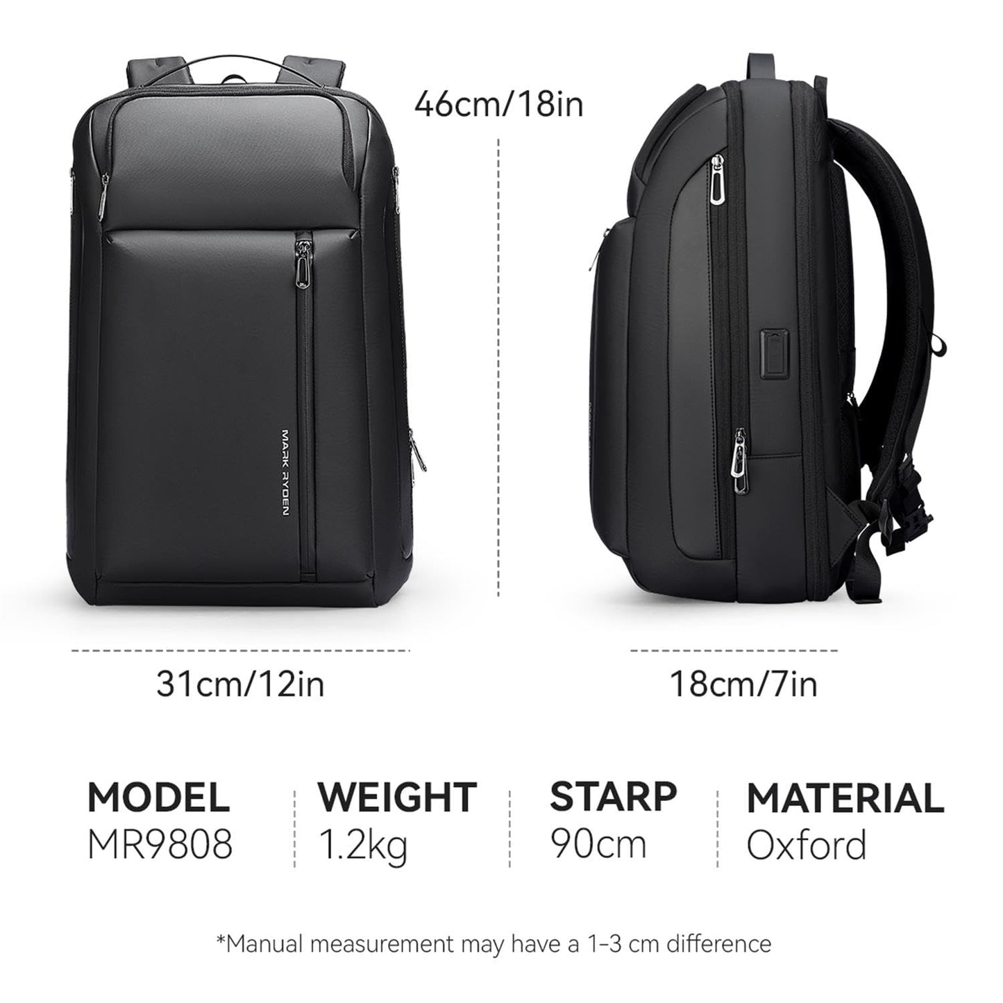 MARK RYDEN Reiserucksack 25-35L Laptop Tasche Schwarz